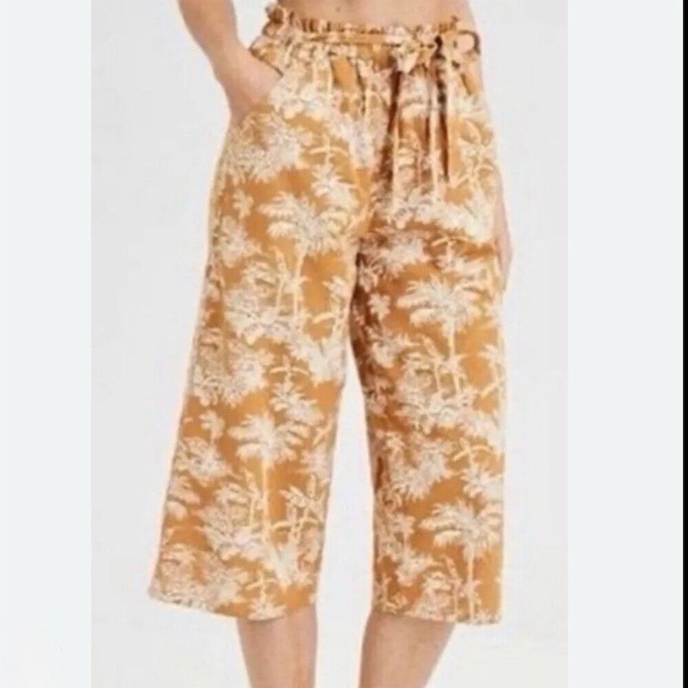 American Eagle Cotton Linen Pants Womens Size M Mustard Palm Print Wide Leg Crop
